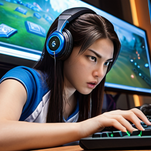 Home 15 **
*Prompt: A determined female League of Legends player intensely focused on her monitor, fingers flying across the keyboard. She is in the middle of a ranked game, overcoming an early-game disadvantage against a Yasuo. Focus on the player's mental strength and strategic thinking.*
**