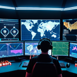 A high-tech esports control room at night, with large, glowing transparent screens displaying complex real-time data visualizations: intricate network packet flows, AI-analyzed player behavior graphs, and anti-cheat algorithms. A focused esports referee, their face illuminated by the data, sits at a console, overseeing the integrity of a live League of Legends tournament. The atmosphere should be one of intense precision, digital vigilance, and cutting-edge technology safeguarding fair play. Cyberpunk, futuristic, data aesthetics.