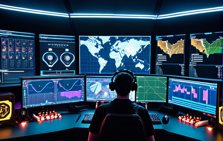 A high-tech esports control room at night, with large, glowing transparent screens displaying complex real-time data visualizations: intricate network packet flows, AI-analyzed player behavior graphs, and anti-cheat algorithms. A focused esports referee, their face illuminated by the data, sits at a console, overseeing the integrity of a live League of Legends tournament. The atmosphere should be one of intense precision, digital vigilance, and cutting-edge technology safeguarding fair play. Cyberpunk, futuristic, data aesthetics.